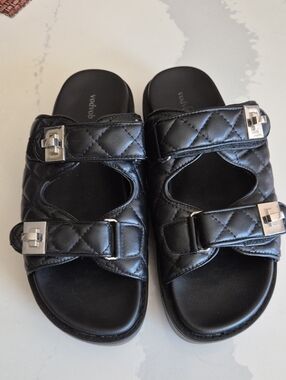 Vodvob Quilted Black Vegan Leather Slide Sandals with Silver Buckles